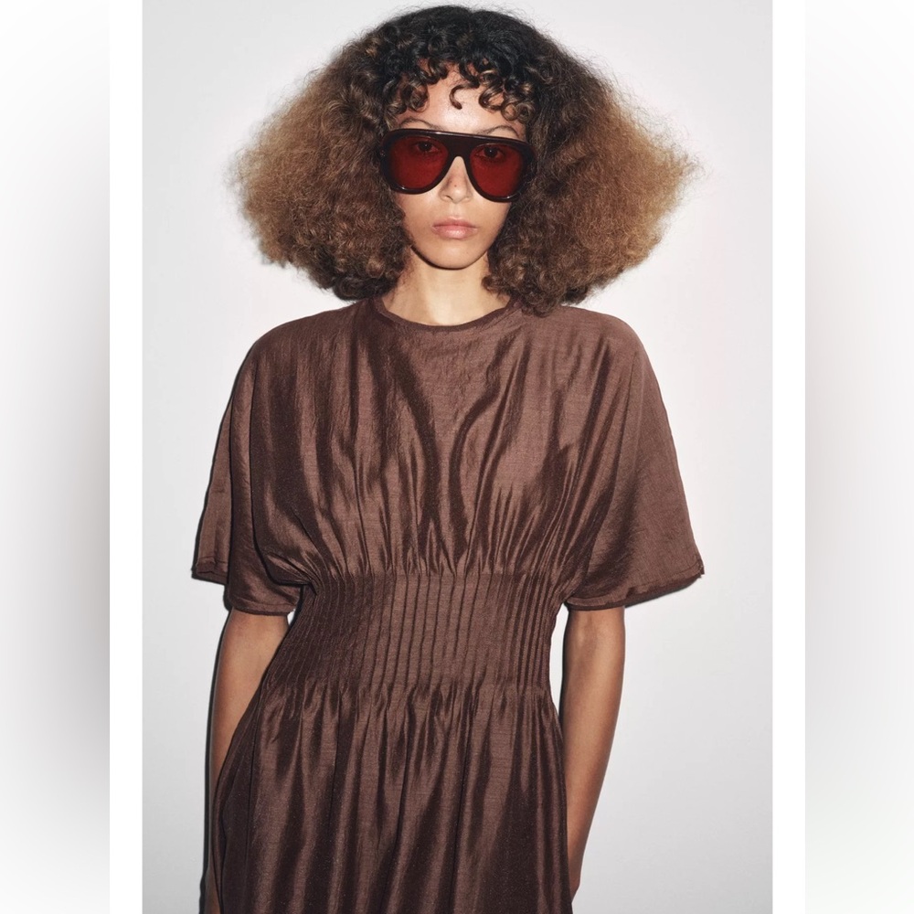 ZARA PLEATED WAIST MIXED KNIT DRESS - Picture 2 of 7
